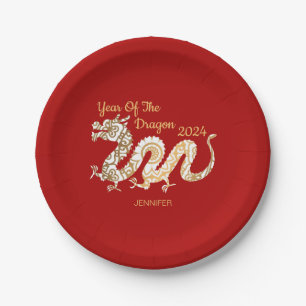 Mandala Dragon 2024 Chinese New Year Red Paper Plate