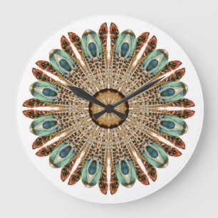 Mandala Feathers Watercolor: Natural Lace Design Large Clock