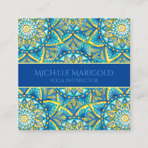 Mandala Floral Elegant Blue Yellow Yoga Instructor Square Business Card