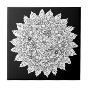 Mandala Flower Black and White Ceramic Tile