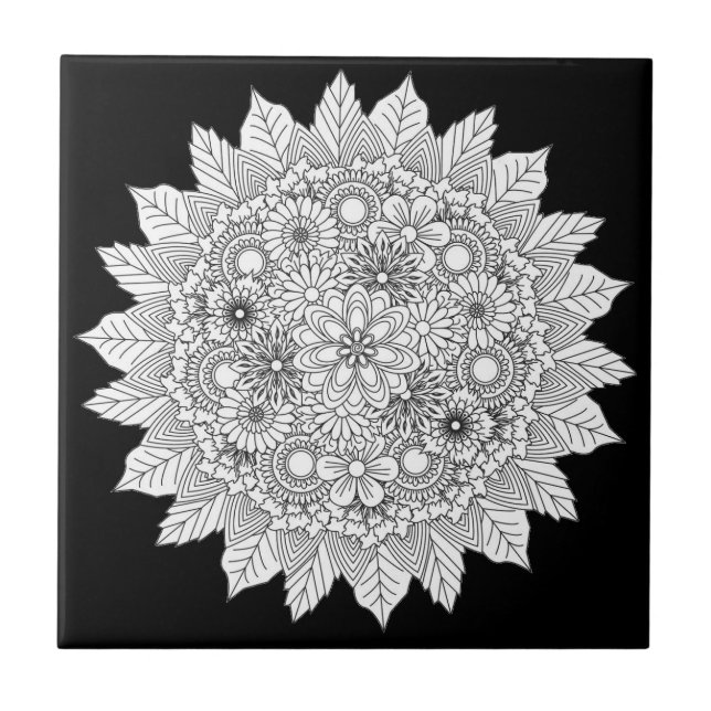 Mandala Flower Black and White Ceramic Tile (Front)