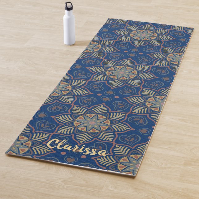 Mandala Flower Circle Pattern Navy Blue Background Yoga Mat (In Situ)