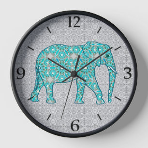 Mandala Flower Elephant Turquoise and Grey Framed  Clock