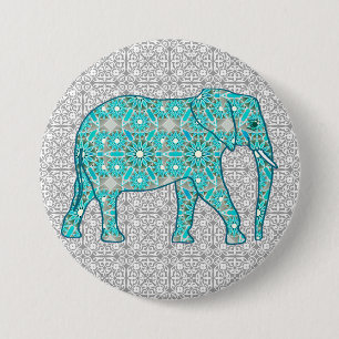 Mandala flower elephant - turquoise, grey & white 3 inch round button