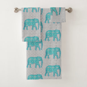 Mandala Flower Elephant, Turquoise, Grey & White Bath Towel Set