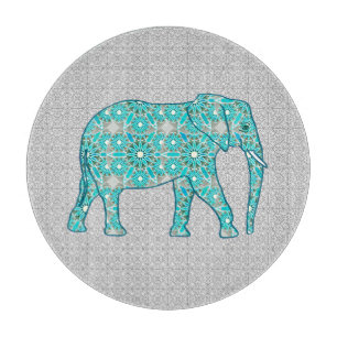 Mandala flower elephant - turquoise, grey & white cutting board
