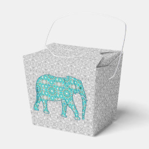 Mandala flower elephant - turquoise, grey & white favor box