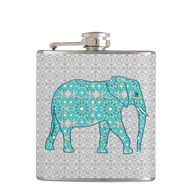 Mandala flower elephant - turquoise, grey & white hip flask (Front)