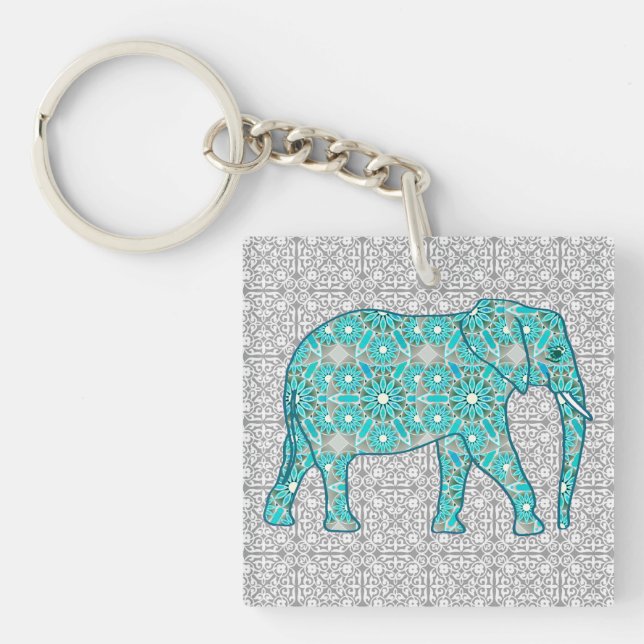 Mandala flower elephant - turquoise, grey & white keychain (Front)