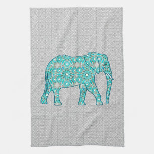 Mandala flower elephant - turquoise, grey & white kitchen towel