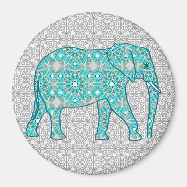 Mandala flower elephant - turquoise, grey & white magnet (Front)