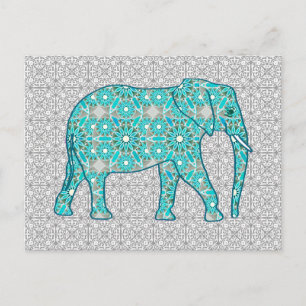 Mandala flower elephant - turquoise, grey & white postcard