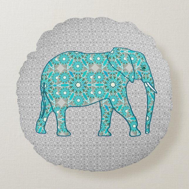 Mandala flower elephant - turquoise, grey & white round pillow (Front)
