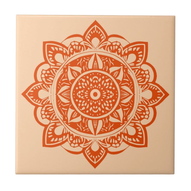 Mandala Flower in Mandarin Orange  Tile (Front)