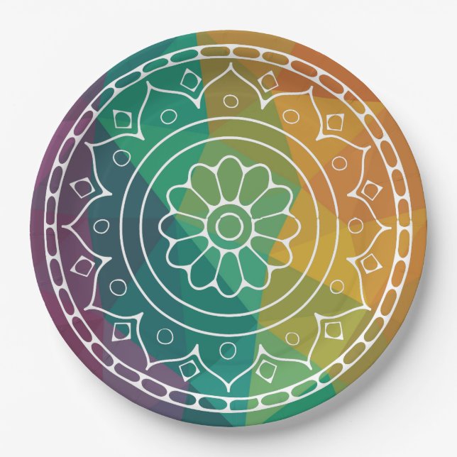 Mandala flower in rainbow low poly colourful desig paper plate (Front)