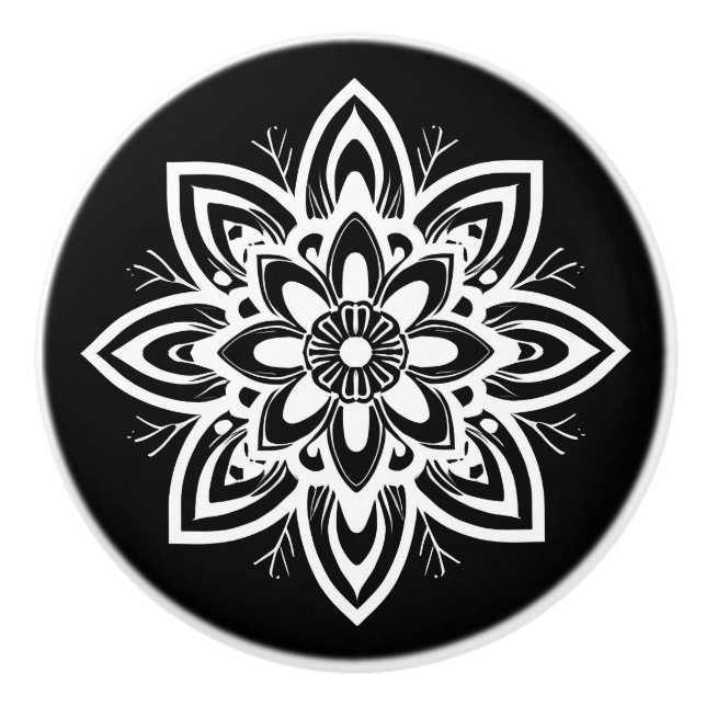 Mandala Flower Pattern in Black and White Ceramic Knob (Front)