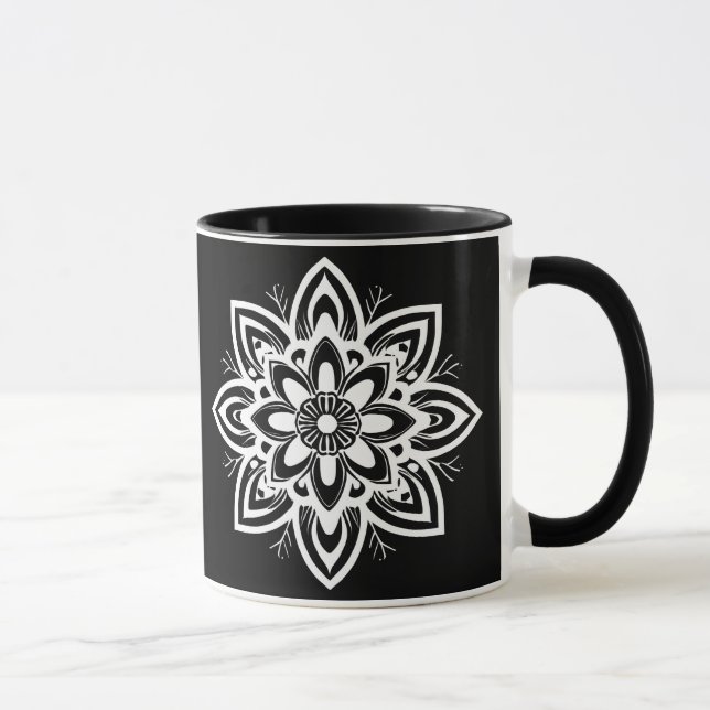 Mandala Flower Pattern in Black and White Mug (Right)