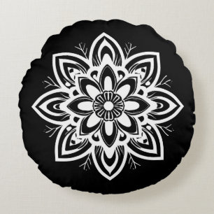 Mandala Flower Pattern in Black and White Round Pillow