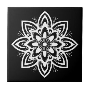 Mandala Flower Pattern in Black and White Tile
