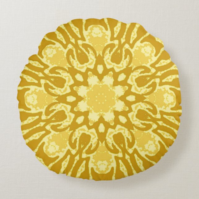 Mandala Flower Pattern - Mustard Gold and Yellow Round Pillow (Front)