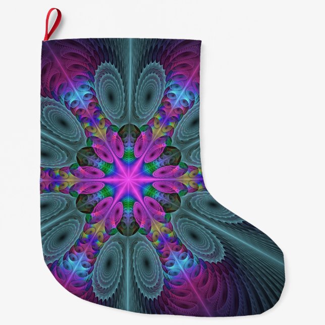 Mandala From Centre Colourful Fractal Art With Pin Large Christmas Stocking (Front)