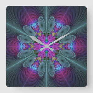 Mandala From Centre Colourful Fractal Art With Pin Square Wall Clock