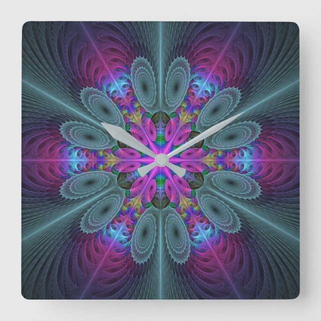 Mandala From Centre Colourful Fractal Art With Pin Square Wall Clock (Front)