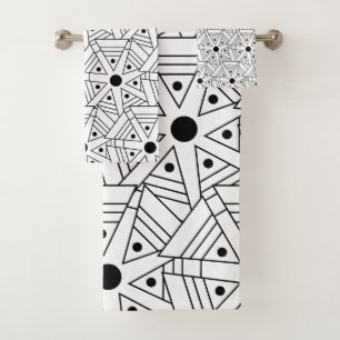 Mandala Geometric Pattern Black and White  Bath Towel Set