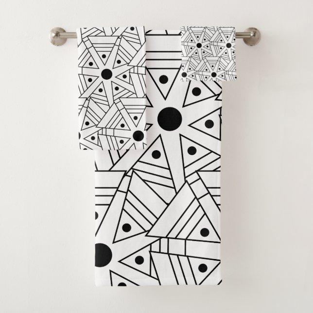 Mandala Geometric Pattern Black and White  Bath Towel Set (Insitu)