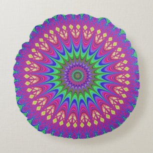 Mandala Geometric Psychedelic  Retro Hippie Round Pillow
