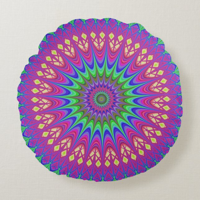 Mandala Geometric Psychedelic  Retro Hippie Round Pillow (Front)