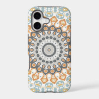 Mandala géométrique en orange, gris et bleu