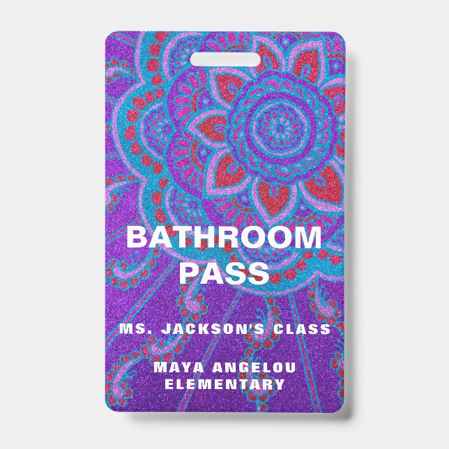Mandala Glitter Back To School Bathroom Hall Pass Badge (Front)