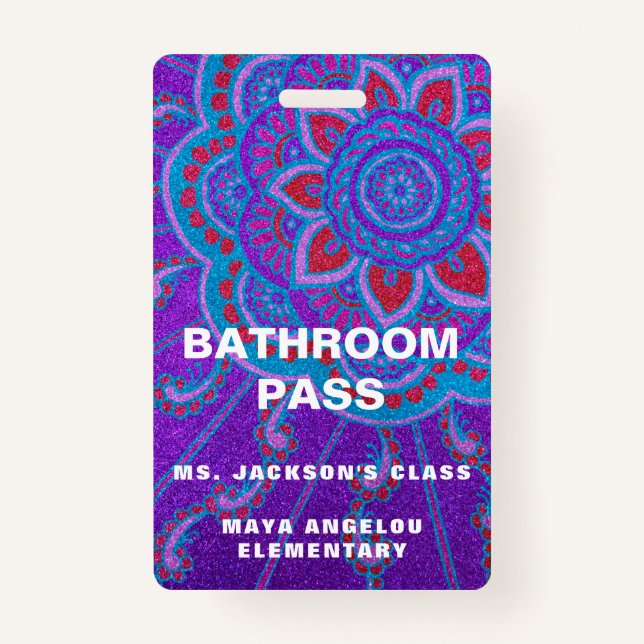 Mandala Glitter Back To School Bathroom Hall Pass Badge (Back)