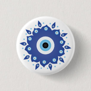 Mandala Greek Evil Eye Blue White 1 Inch Round Button