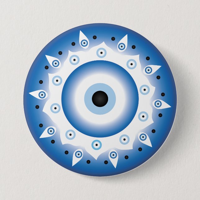 Mandala Greek Evil Eye Blue White 3 Inch Round Button (Front)