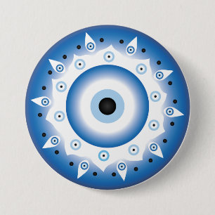 Mandala Greek Evil Eye Blue White 3 Inch Round Button