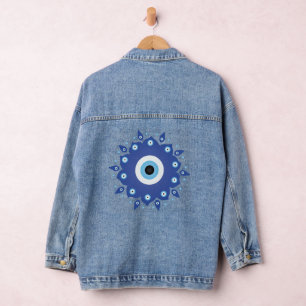 Mandala Greek Evil Eye Blue White Denim Jacket