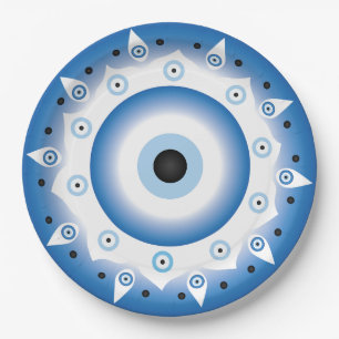 Mandala Greek Evil Eye Blue White Paper Plate
