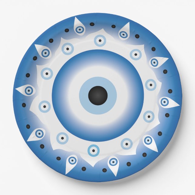 Mandala Greek Evil Eye Blue White Paper Plate (Front)