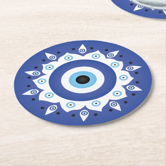 Mandala Greek Evil Eye Blue White Round Paper Coaster (Angled)