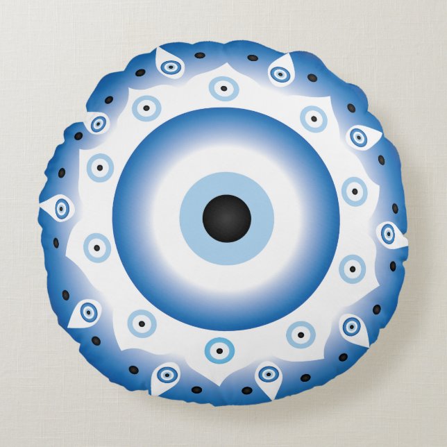 Mandala Greek Evil Eye Blue White Round Pillow (Front)