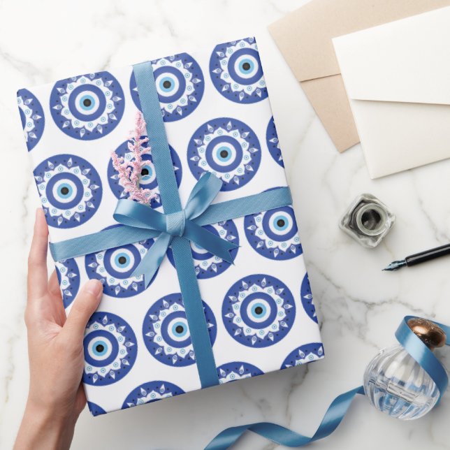 Mandala Greek Evil Eye Pattern Blue White Wrapping Paper (Gifting)