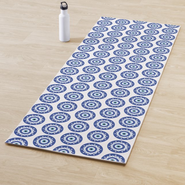 Mandala Greek Evil Eye Pattern Blue White Yoga Mat (In Situ)