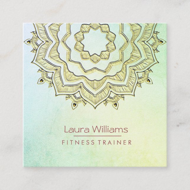 Mandala  Green Lotus Flower Gold Yoga Instructor Square Business Card (Front)