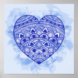 Mandala Heart Blue Watercolor Print