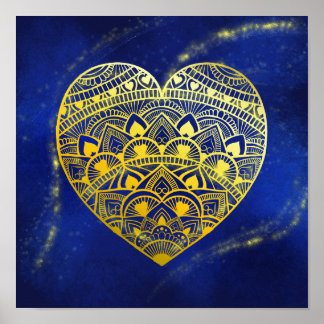 Mandala Heart Or lumineux et impression bleue
