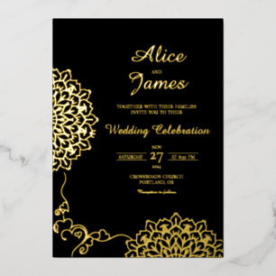 Mandala Hearts Black Gold Foil Wedding Invitation