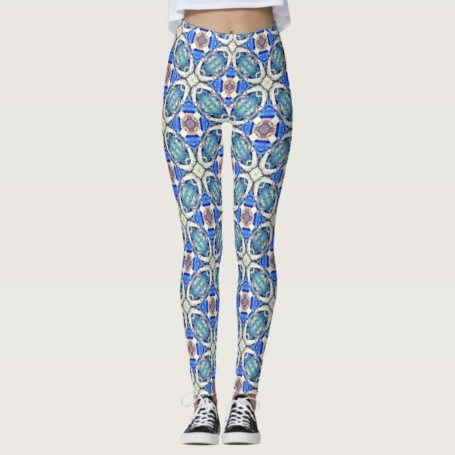 mandala hearts pattern blue leggings (Front)