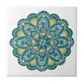 Mandala in blues, greens, and gold tile